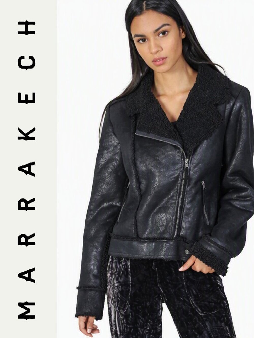 MARRAKECH SHERPA TRIMMED FAUX LEATHER MOTO JACKET sz M